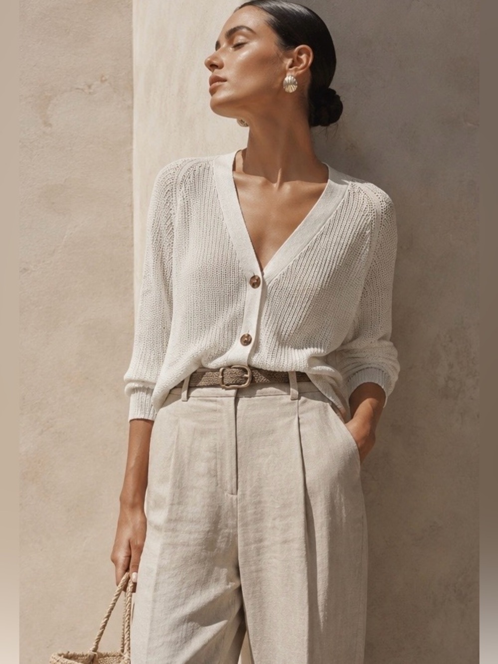 Part Two Pure LinenCream Button-Up Cardigan Small Oversized European Summer